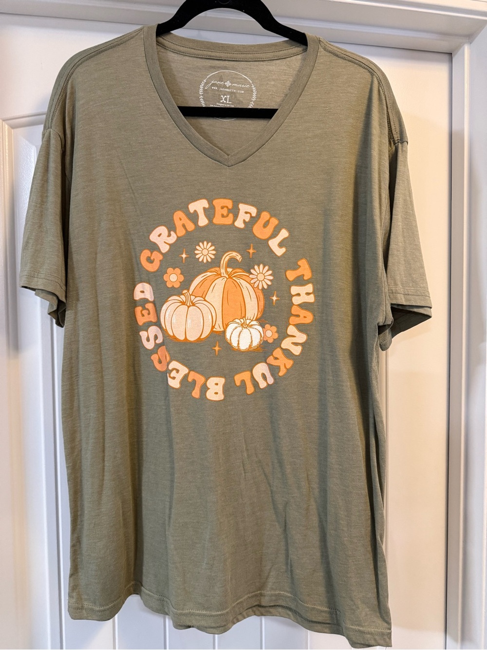 Grateful Thankful Blessed Olive Green V-Neck Graphic Tee